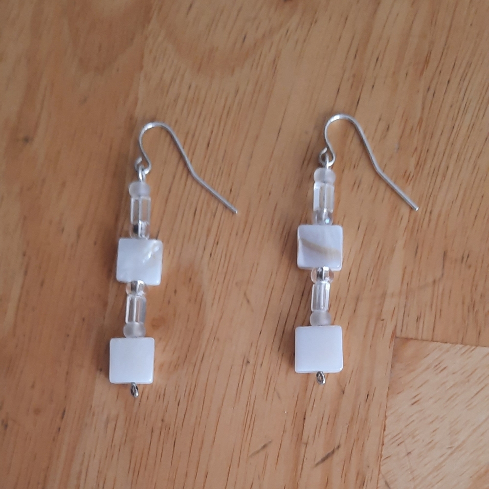 Hand crafted white square bead dangle earrings